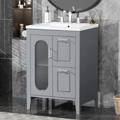 Meuble-lavabo 24 po avec lavabo, meuble-lavabo avec deux tiroirs et porte, tablette réglable, bois massif et panneau de fibres à densité moyenne, meuble-lavabo