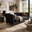 Canapé Chesterfield 3 places en velours capitonné, accoudoirs arrondis, pieds en bois sculpté, 225 cm de large, avec 2 coussins