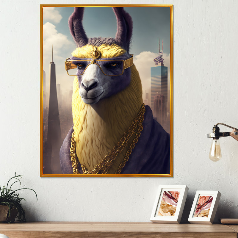 «Llama Gangster in NYC», impression sur toile, H 40 po x l 30 po x P 1,5 po, Toile avec cadre flottant or
