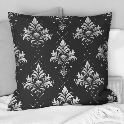 Imprimé damassé traditionnel gris et blanc IV - Coussin décoratif traditionnel