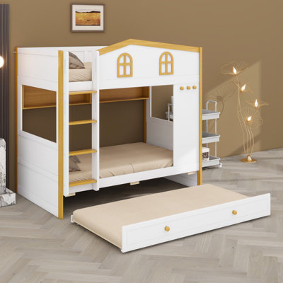 Lit superposé en forme de maison avec tablettes de rangement intégrées et lit gigogne