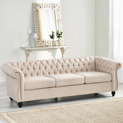 Classic Low 3 Seater In Beige Fabric With Upholstery And Arm Scroll Design