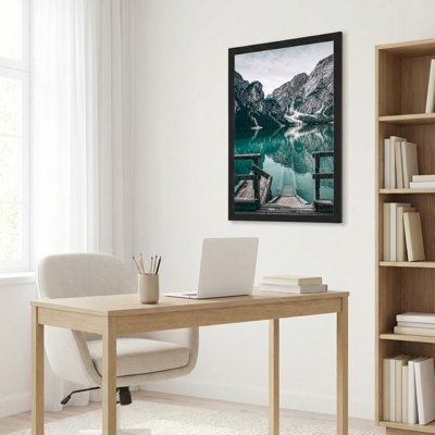 Toile noire encadrée en bois noir pour salon, chambre à coucher, bureau ou vestibule - décoration murale décorative avec lac de montagne