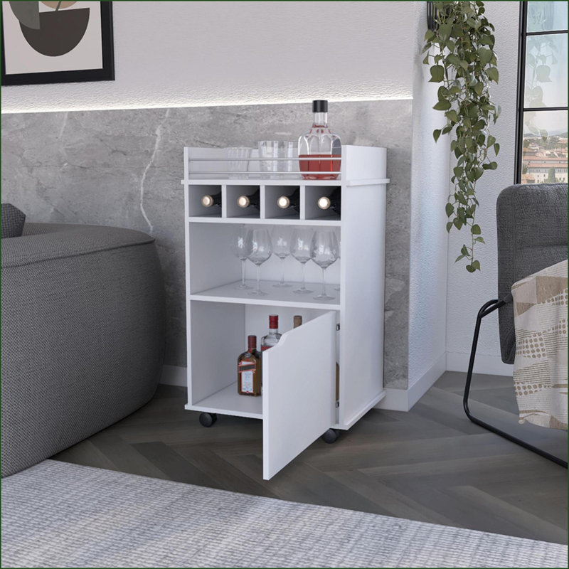 Chariot-bar blanc neige moderne avec rangement | Blanc | Bois d'ingénierie