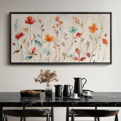 Extra Large Colorful Wildflowers Red Orange Teal Botanical Framed Canvas Print Wall Art