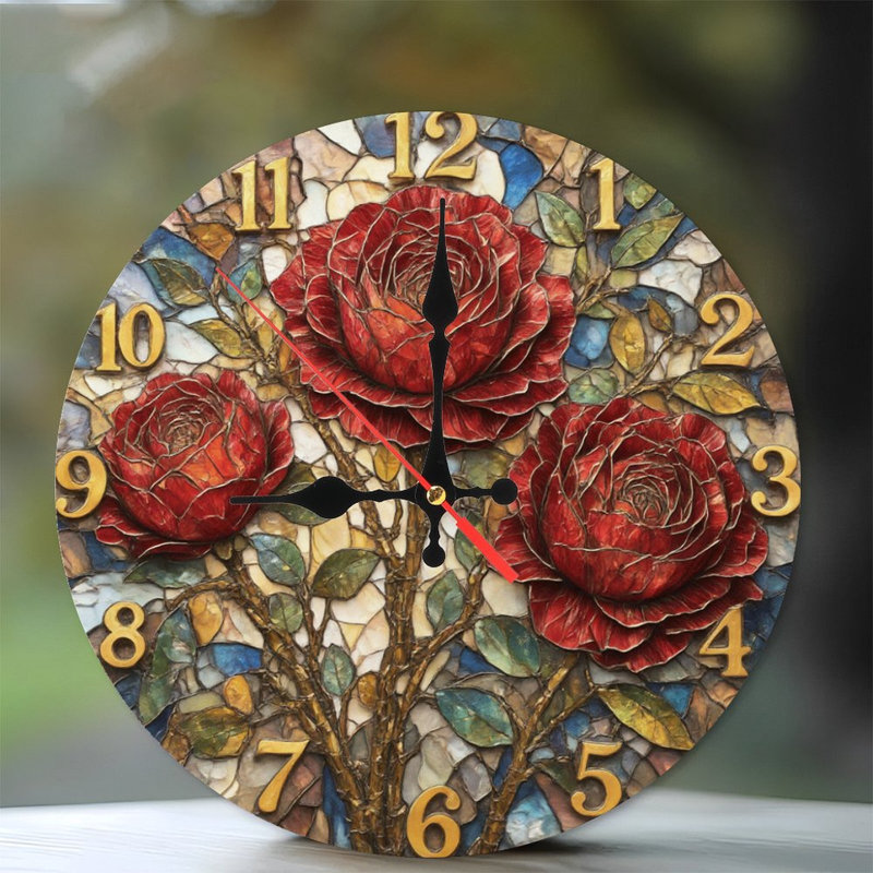 Horloge vitrail avec roses