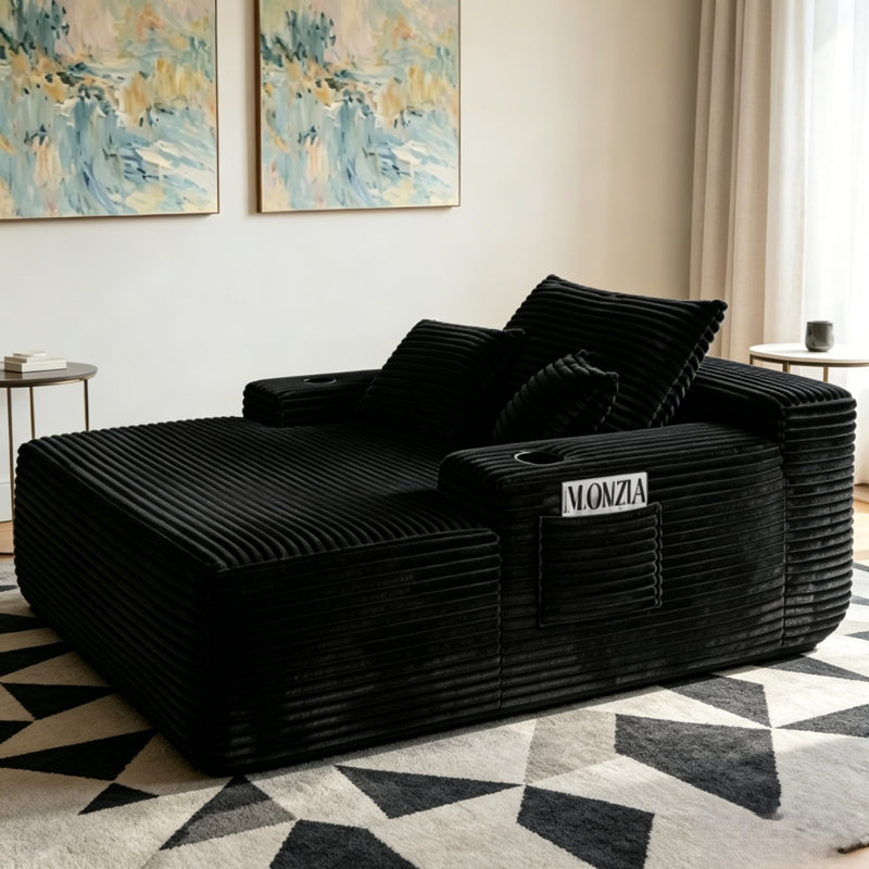 Grand canapé-lit désossé, tissu en velours côtelé moelleux, rembourrage en mousse + à ressorts, porte-gobelet et coussins décoratifs, sans assemblage, certifié GCC & Prop 65, sécuritaire et écologique, noir