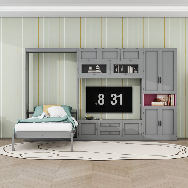 Lit escamotable avec meuble télé, 2 tiroirs, tablettes et armoires, gris