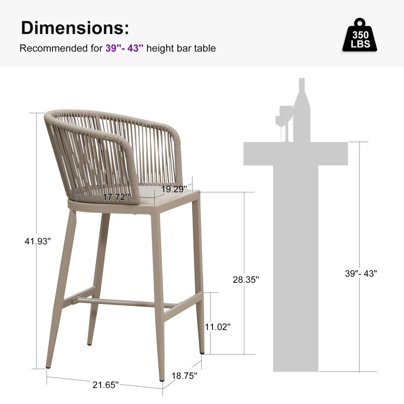 Chaises de bar en osier de 2 tabourets de hauteur avec 2 coussins intégrés, Champagne