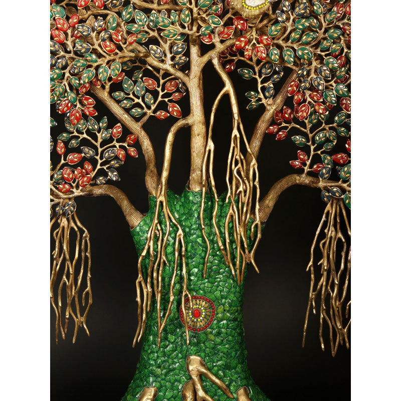 65" Extra Large Tree of Life with Birds Wall Art - Handcrafted Brass with Gemstone Inlay Work - Ultimate Statement Wall Décor