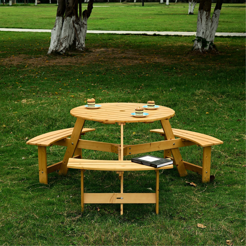 Table de pique-nique pour 6 personnes avec trou pour parasol et 3 bancs intégrés - Étanche, imperméable, bois naturel pour l'extérieur, bancs spacieux, porche de jardin