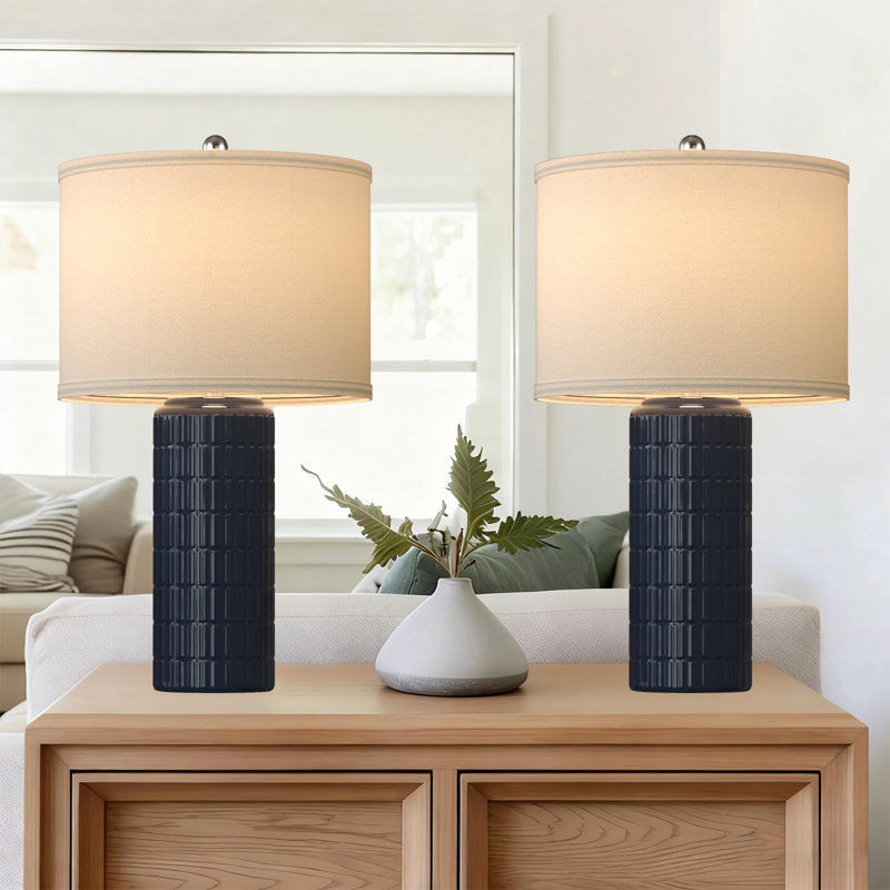 23" Modern Decorative Ceramic Table Lamp with Textured Finish and Linen Shade for Bedroom, Living Room or Nightstand