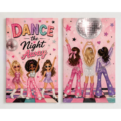 Grand ensemble de 2 danses disco, filles, art mural, fête rétro rose, impressions sur toile, décoration de chambre d'adolescente, impression sur toile 16 x 24 pouces - prête à être accrochée