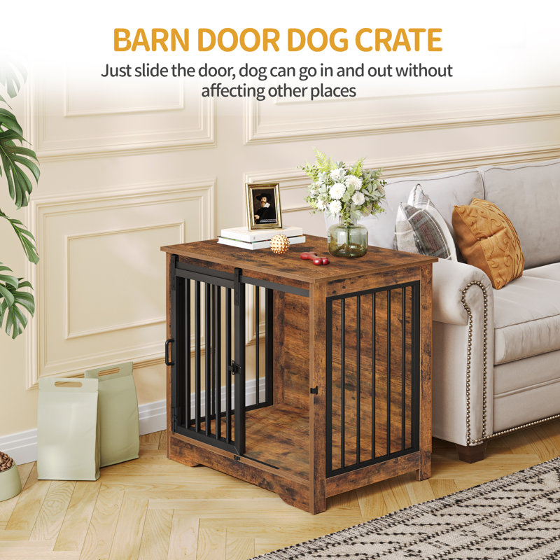 Dog Crate Furniture, 69 cm Double Door Wooden Dog Crate with Barn Door, Indoor Kennel, End Side Table Wooden Animal Crates for Small Dogs, Anti-Chew Anti-Escape