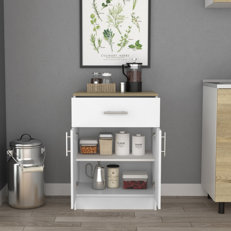 Armoire de cuisine avec tablette à micro-ondes H 33 po Barbados - 2 portes, 1 tiroir et 2 tablettes, H 33,3 po x l 23,6 po x P 15,9 po, blanc / chêne clair