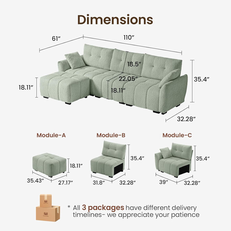 110" L-Shaped Sectional Sofa With Movable Ottoman,  Chenille Fabric, Green