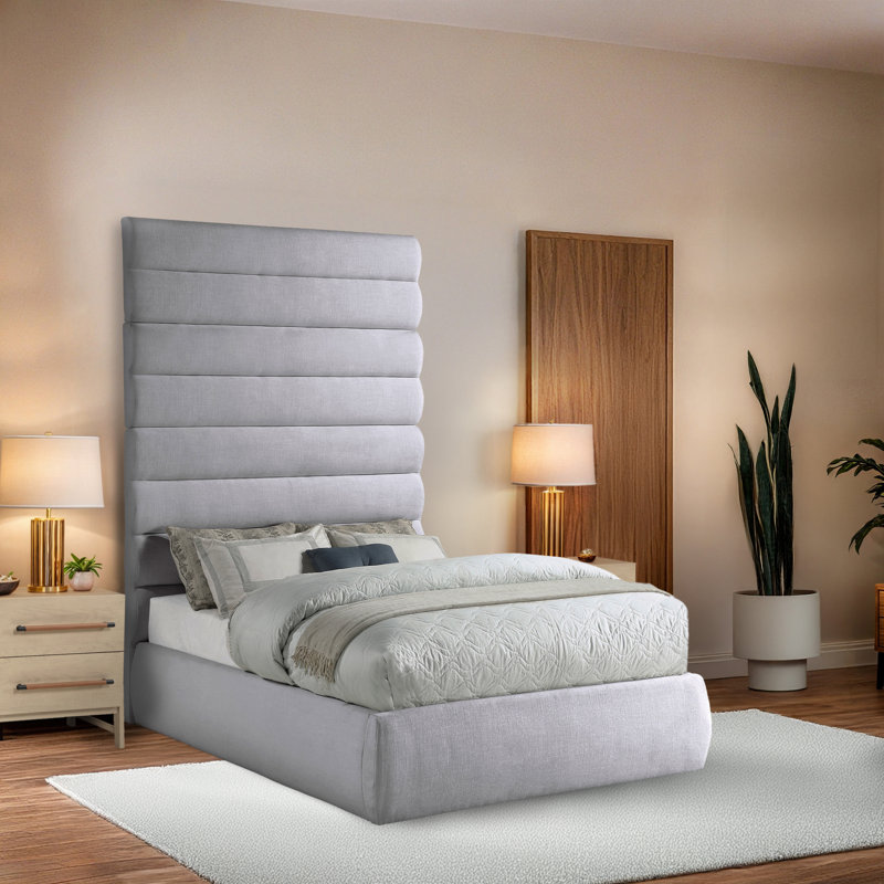 Elessio Linen Textured Fabric Bed, Full, Grey Linen Textured Fabric