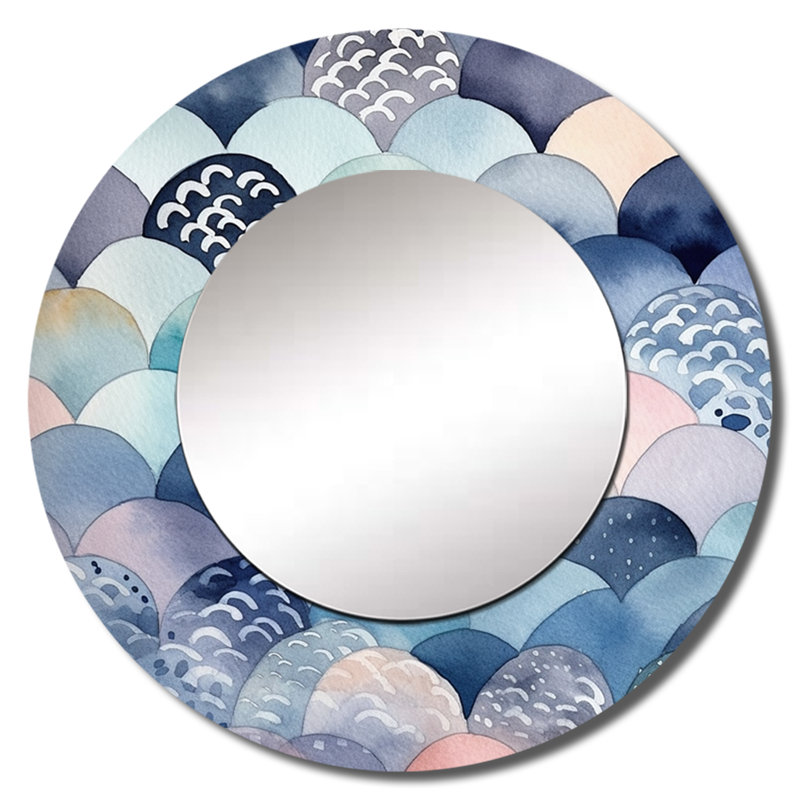 Impression abstraite bleue sur fond de formes de V - miroir géométrique, miroir mural rond unique moderne, art imprimé en métal