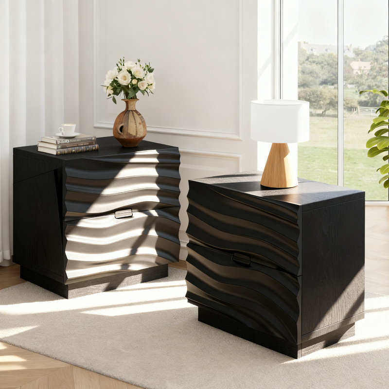 Solid Wood Nightstand With 2 Drawers, Handle-Free Bedside Table Set Of 2, Black, Set of 2