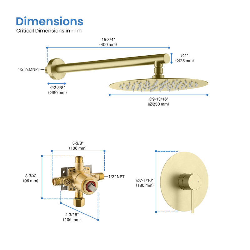 Dual Function Complete Shower System with Rough in-Valve, Brushed Gold