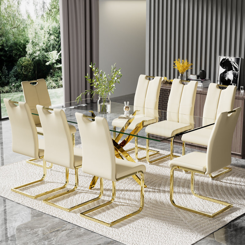 Modern 71in Glass Dining Table Set with Luxury Faux Leather Dining Chairs, Yellow, 9, Gold