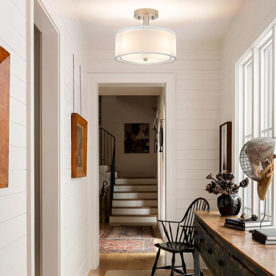 3-Light Semi Flush Mount Ceiling Light Fixture, Drum Light With Double Fabric Shade, Modern Close To Ceiling Lamps For Dining Room Kitchen