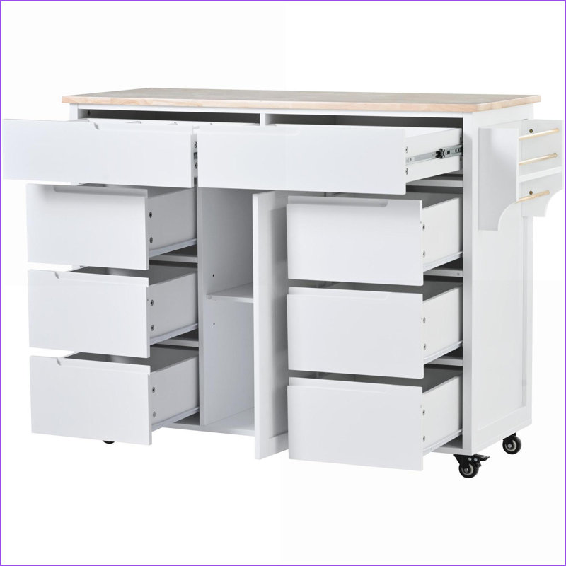 Kitchen Cart with Rubber Wood Countertop | 8 Handle-Free Drawers, Flatware Organizer | Snow White | MDF, White