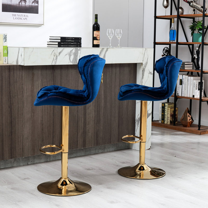 Bar Stools Of 2, Swivel And Height Adjustable, Velvet Navy Blue With Golden Leg, Footrest & Base, Foam Filled, Navy Blue
