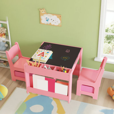 Ensemble de table d'activité pour enfants 4 en 1 et 2 chaises, plateau de table réversible noir / blanc avec tiroirs de rangement, plateau de table amovible pour les tout-petits, l'artisanat, la lecture et les devoirs, rose