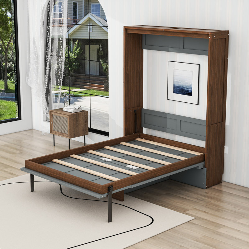 Lit escamotable en bois avec bureau, Noyer gris