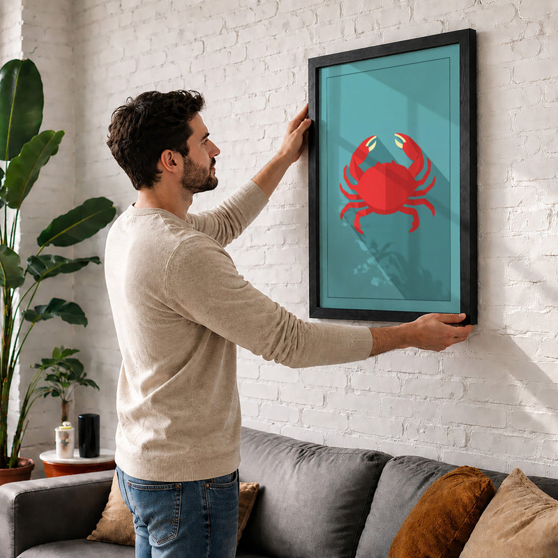 Crab in Teal Modern - Framed Print, Oak, A3 - 42.0 x 29.7 cm