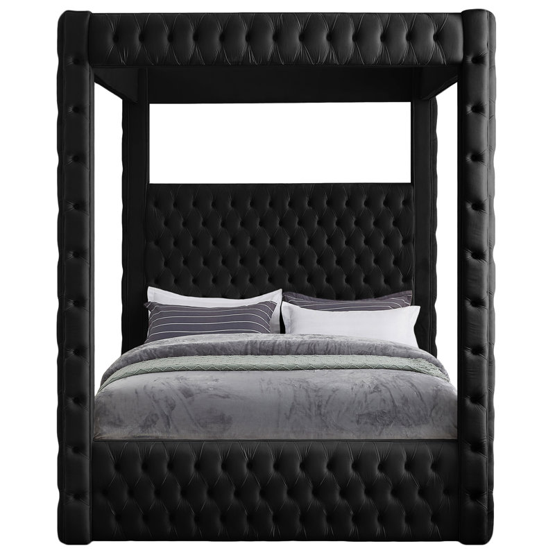Très grand lit plateforme tapissier Ekke, Velours noir, Très grand