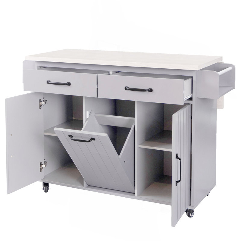 Îlot de cuisine avec armoire de rangement pour poubelle, chariot de cuisine avec abattant, support à épices, porte-serviettes et tiroir, îlot de cuisine sur roulettes avec tablette réglable