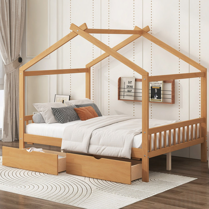 House Platform Bed With Two Drawers,Headboard And Footboard,Roof Design, Natural