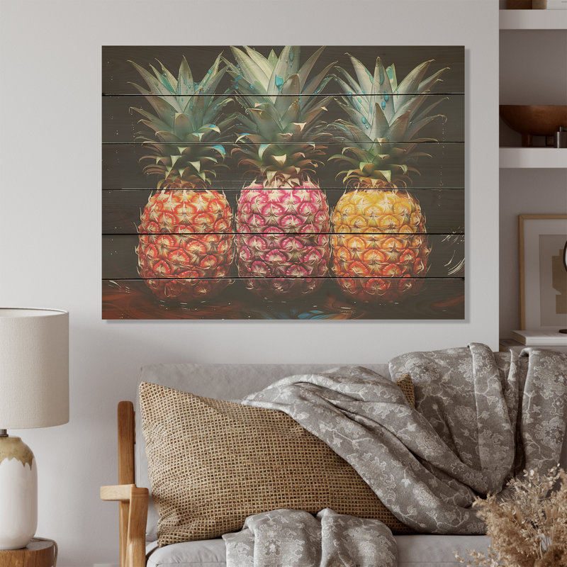 Nectar néon ananas I - Ananas, art sur bois de pin naturel, H 10 po x l 20 po
