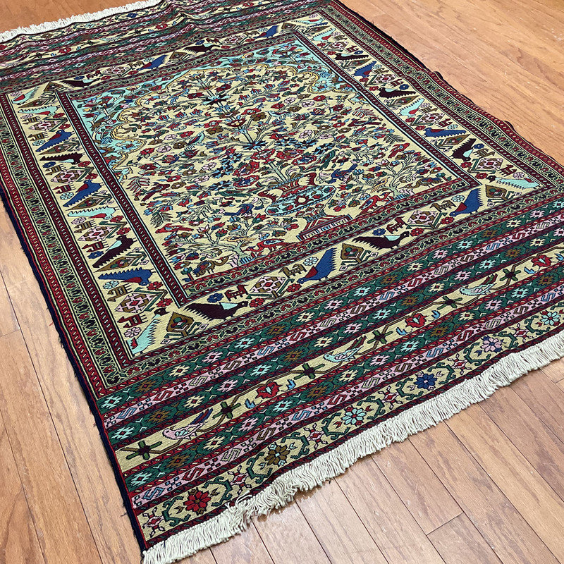 Tapis doré / bleu sarcelle / bleu tissé à la main Southwestern