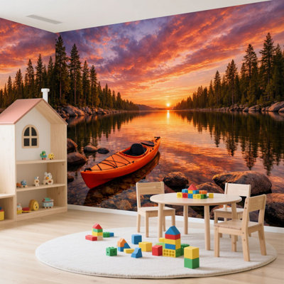 Papier peint adhésif auto-adhésif moderne pour la chambre à coucher Peel and Stick L 144 po x l 100 po avec un kayak orange et un lac calme entouré de pins