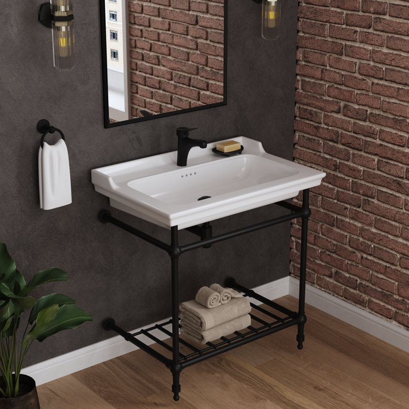 Fireclay Rectangular Console Bathroom Sink with Overflow, Single, Matte Black