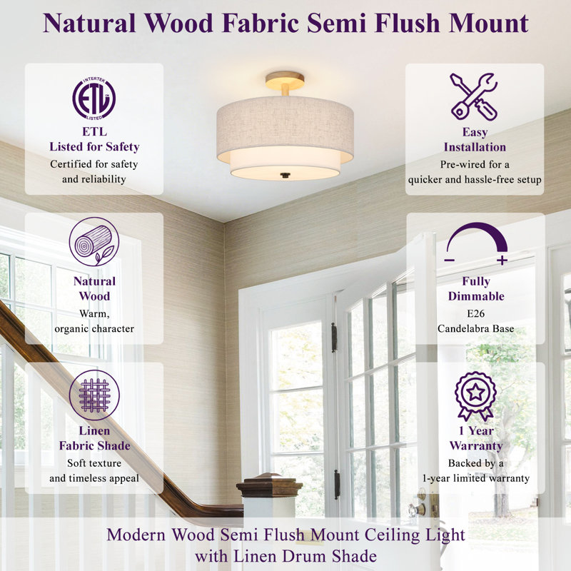 Maskell 3-Light Fabric Semi Flush Mount Ceiling Light Chandelier