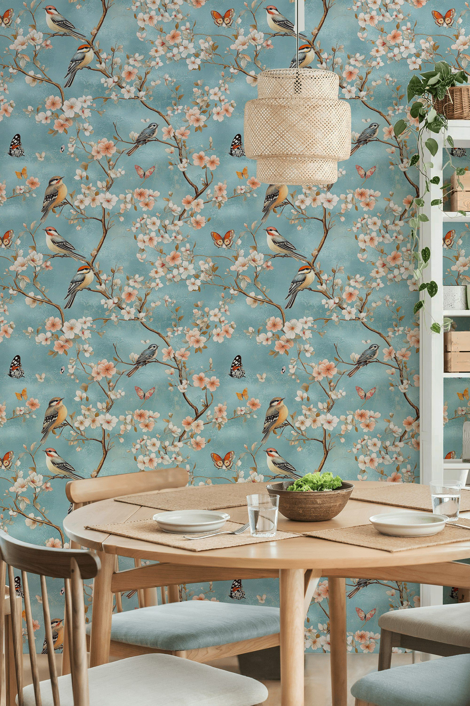 Lark Manor Vintage Bird & Cherry Blossom Peel and Stick Wallpaper Blue ...