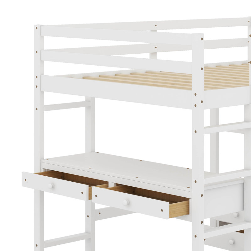 Lit mezzanine double avec bureau et tiroirs, Blanc
