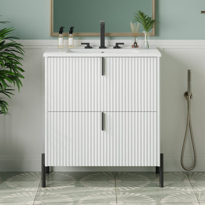 30" White Bathroom Vanity: Ceramic Sink, Fluted Design & Soft Close Drawers