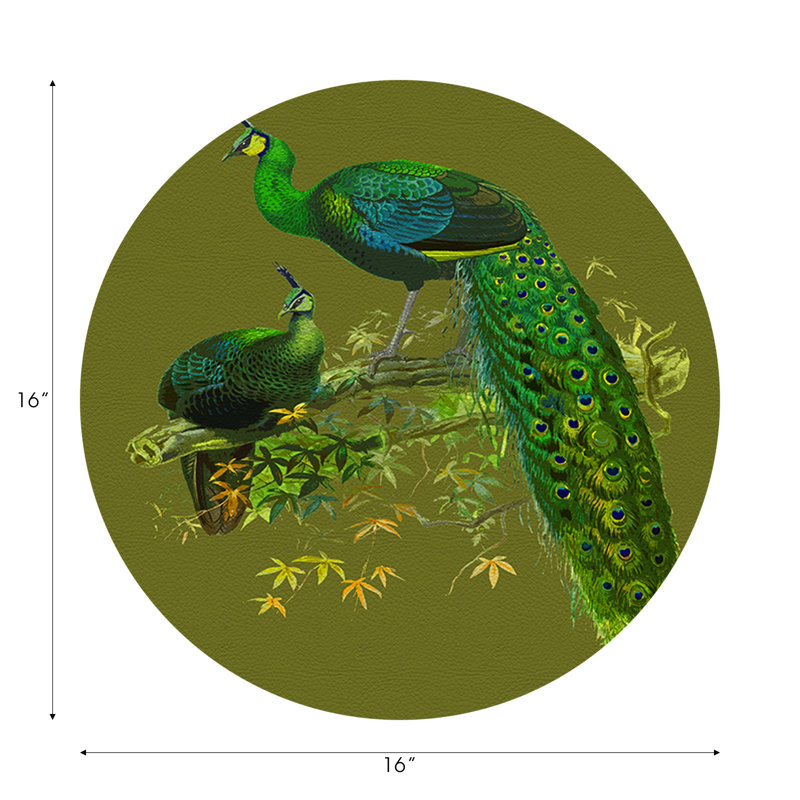 Family Pheasants Vegan Leather Round Pebble Placemat, Olive