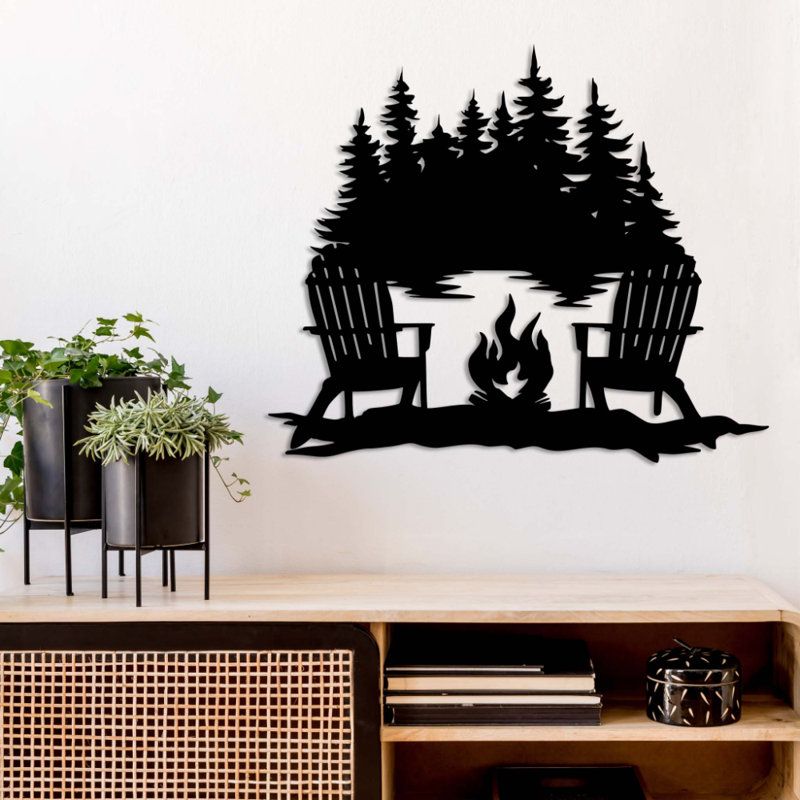 Campfire Lake View Metal Wall Art - Outdoor Camping Scene Decor - Lake Mountain Silhouette Design - Rustic Adventure Wall Hanging - Modern Industrial Metal Sculpture - Cabin Lodge Home Decor - Cozy Statement Art Piece