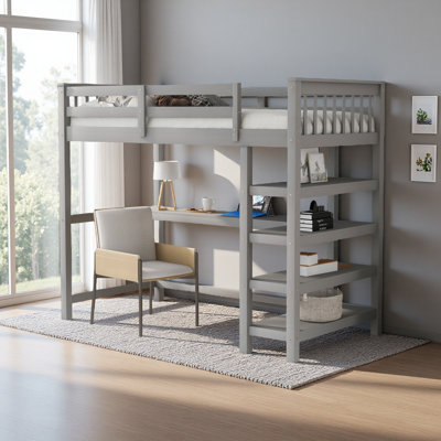 Lit mezzanine avec tablettes de rangement et bureau sous le lit