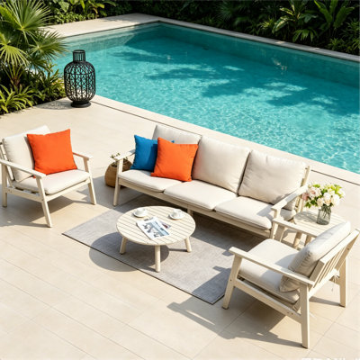 5-Piece Outdoor Patio Conversation Set Deep Seating Sofa With Coffee Table & Side Table Solid Wood Frame