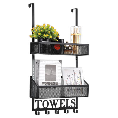 Rangement à suspendre au-dessus de la porte avec 5 crochets à serviettes et 2 paniers en maille - Support de rangement peu encombrant pour la salle de bain, la chambre à coucher et la cuisine