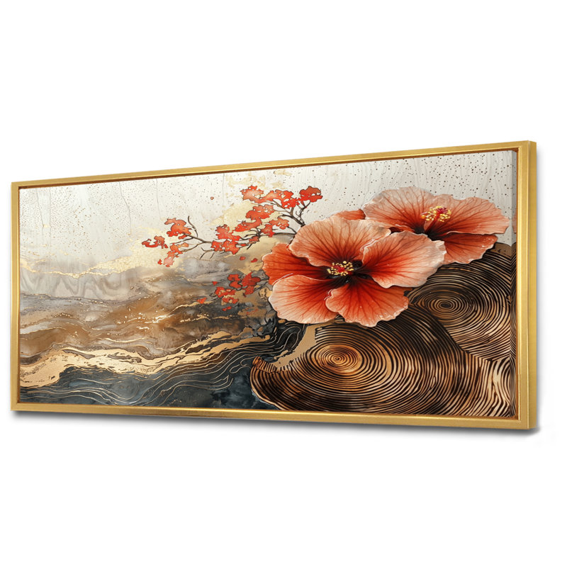 Imray Hibiscus Flowers Field On A Wooden Horizon I - Hibiscus Wall Art, H 28 po x l 60 po, Impression encadrée flottante