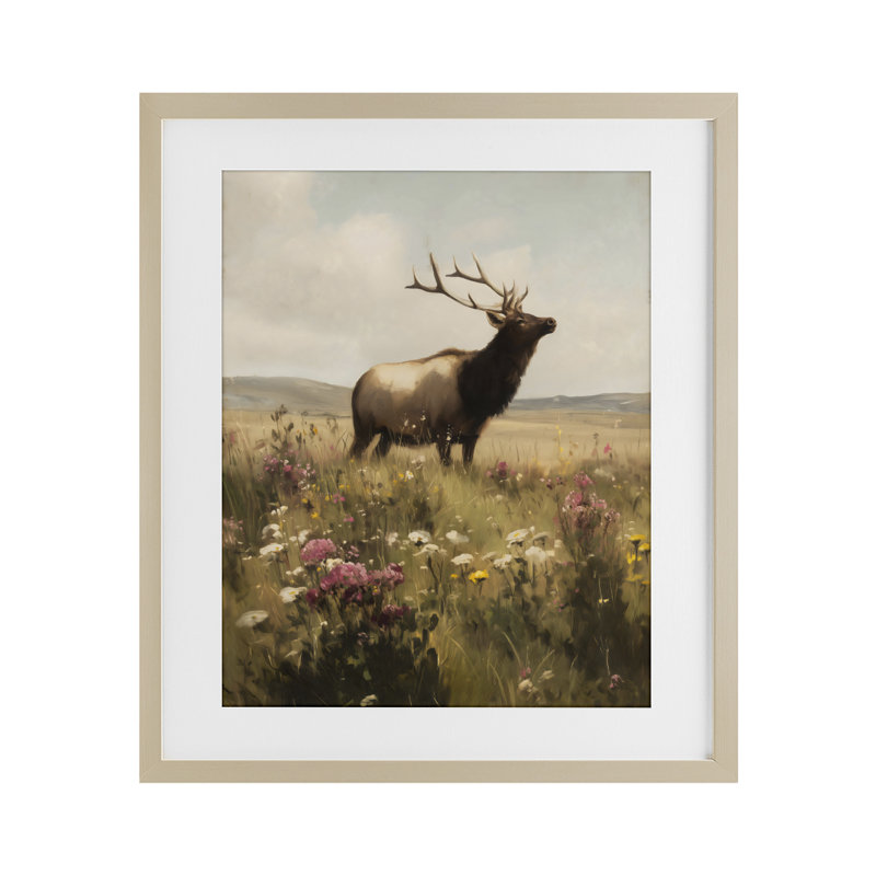 «Elk in the Wildflower Meadow», reproduction sous verre encadrée, design par Arlington Prints, 21 x 17