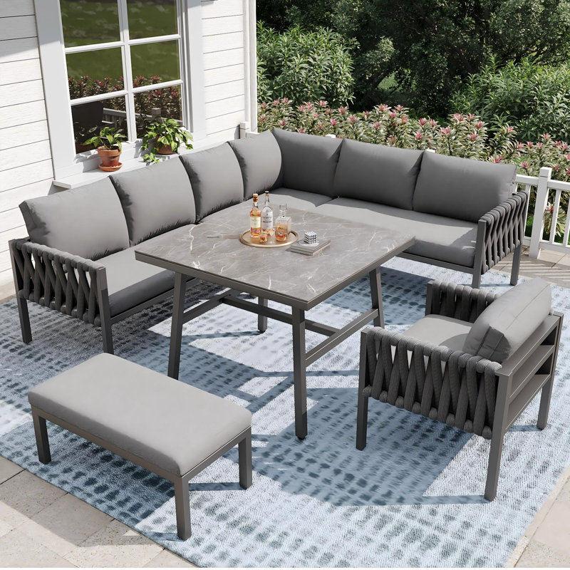 Garden Conversation Set With L-shape Sofa, 1 Table, 1 Chair And 1 Bench Beige, Grey, Grey